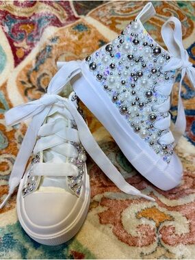 Kids White Pearl & Rhinestone High-Top Sneakers